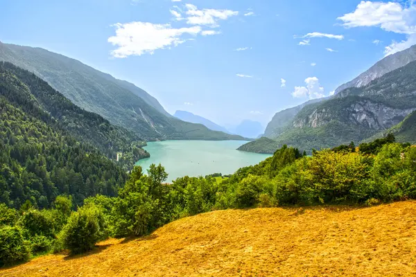 stock image Molveno lake in Trentino, Italy with Brenta Dolomites in background 