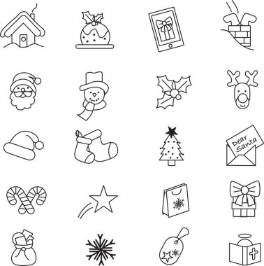 Mutlu Noeller çizgisi simgeleri. doğrusal biçim sembolleri koleksiyonu, özet işaretleri siyah bir ana hatla çizilmiş.