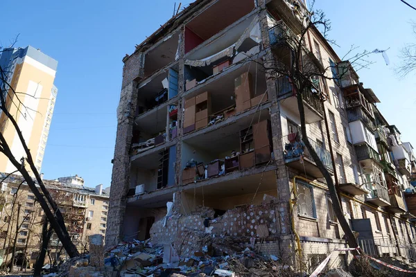 KYIV, UKRAINE, MARCH 20, 2022: After bombing. Russian terrorist army dropped missile and destroyed house in residential district in Kyiv city on March 18, 2022. Terror and genocide of Ukrainian people