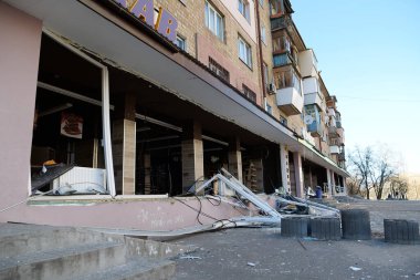 KYIV, UKRAINE, MARCH 20, 2022: After bombing. Russian terrorist army dropped missile and destroyed house in residential district in Kyiv city on March 18, 2022. Terror and genocide of Ukrainian people