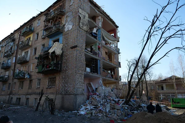 KYIV, UKRAINE, MARCH 20, 2022: After bombing. Russian terrorist army dropped missile and destroyed house in residential district in Kyiv city on March 18, 2022. Terror and genocide of Ukrainian people