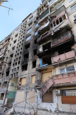 After bombing. Russian terrorists destroyed by shell dwelling house on Obolon district in Kyiv city on March 2022. War in Ukraine. Terror and genocide of Ukrainian people. Russia - terrorist country