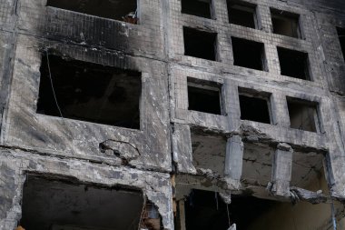 War in Ukraine. After bombing. Russian terrorists destroyed by shell dwelling house on Obolon district in Kyiv city on March 2022. Terror and genocide of Ukrainian people. Russia - terrorist country