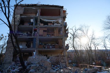 KYIV, UKRAINE, MARCH 20, 2022: After bombing. Russian terrorist army dropped missile and destroyed house in residential district in Kyiv city on March 18, 2022. Terror and genocide of Ukrainian people