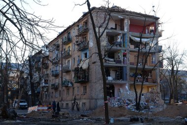 KYIV, UKRAINE, MARCH 20, 2022: After bombing. Russian terrorist army dropped missile and destroyed house in residential district in Kyiv city on March 18, 2022. Terror and genocide of Ukrainian people