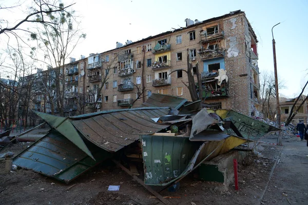 UKRAINE, KYIV, MARCH 20, 2022: Russian missile destroyed houses and garages in residential area in Kyiv city on March 18, 2022. After bombing, war in Ukraine, terror and genocide of Ukrainian people