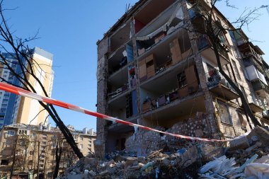 KYIV, UKRAINE, MARCH 20, 2022: After bombing. Russian terrorist army dropped missile and destroyed house in residential district in Kyiv city on March 18, 2022. Terror and genocide of Ukrainian people