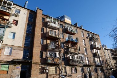 KYIV, UKRAINE, MARCH 20, 2022: After bombing. Russian terrorist army dropped missile and destroyed house in residential district in Kyiv city on March 18, 2022. Terror and genocide of Ukrainian people