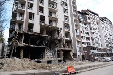 KYIV, UKRAINE, APRIL 29, 2022: After bombing. Dwelling house destroyed by russian missile in Kyiv city on end of April 2022. Russian aggression. War in Ukraine. Terror and genocide of Ukrainian people