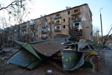 KYIV, UKRAINE, MARCH 20, 2022: After bombing. Russian terrorist army dropped missile and destroyed house in residential district in Kyiv city on March 18, 2022. Terror and genocide of Ukrainian people
