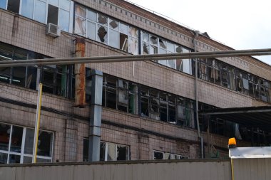 KYIV, UKRAINE, APRIL 29, 2022: After bombing. Dwelling house destroyed by russian missile in Kyiv city on end of April 2022. Russian aggression. War in Ukraine. Terror and genocide of Ukrainian people