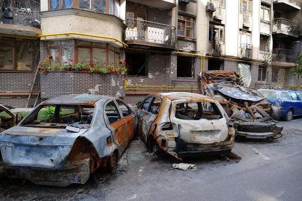 Irpin Ukraine June 2022 Bombing Russian Terrorist Army Burned Cars — Foto Stock