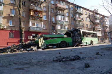 KYIV, UKRAINE, MARCH 20, 2022: After bombing. War in Ukraine. Russian missile destroyed trolleybus in Kyiv city on March 14, 2022. Terror and genocide of Ukrainian people