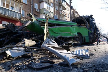 KYIV, UKRAINE, MARCH 20, 2022: After bombing. War in Ukraine. Russian missile destroyed trolleybus in Kyiv city on March 14, 2022. Terror and genocide of Ukrainian people