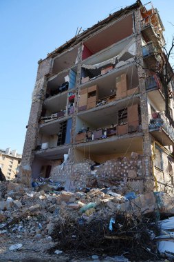 KYIV, UKRAINE, MARCH 20, 2022: After bombing. Russian terrorist army dropped missile and destroyed house in residential district in Kyiv city on March 18, 2022. Terror and genocide of Ukrainian people