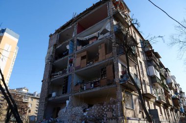 KYIV, UKRAINE, MARCH 20, 2022: After bombing. Russian terrorist army dropped missile and destroyed house in residential district in Kyiv city on March 18, 2022. Terror and genocide of Ukrainian people