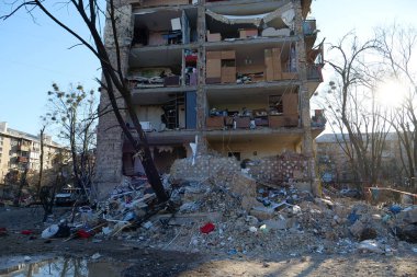 KYIV, UKRAINE, MARCH 20, 2022: After bombing. Russian terrorist army dropped missile and destroyed house in residential district in Kyiv city on March 18, 2022. Terror and genocide of Ukrainian people