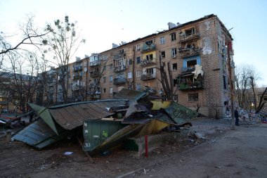 KYIV, UKRAINE, MARCH 20, 2022: After bombing. Russian terrorist army dropped missile and destroyed house in residential district in Kyiv city on March 18, 2022. Terror and genocide of Ukrainian people