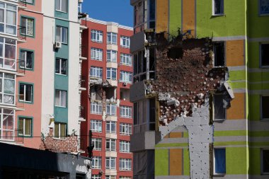 IRPIN, UKRAINE, JUNE 6, 2022: Russian terrorist army damaged dwelling houses and killed people in Irpin town, Kyiv Oblast on March 2022. After bombing.Terror and genocide of Ukrainian people