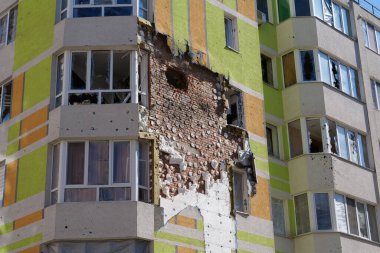 IRPIN, UKRAINE, JUNE 6, 2022: Russian terrorist army damaged dwelling houses and killed people in Irpin town, Kyiv Oblast on March 2022. After bombing.Terror and genocide of Ukrainian people