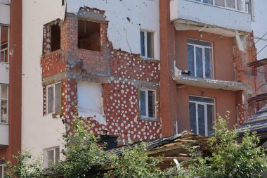 IRPIN, UKRAINE, JUNE 6, 2022: Russian terrorist army damaged dwelling houses and killed people in Irpin town, Kyiv Oblast on March 2022. After bombing.Terror and genocide of Ukrainian people