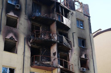 IRPIN, UKRAINE, JUNE 6, 2022: Russian terrorist army damaged dwelling houses and killed people in Irpin town, Kyiv Oblast on March 2022. After bombing.Terror and genocide of Ukrainian people