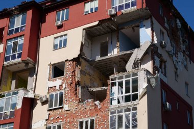 IRPIN, UKRAINE, JUNE 6, 2022: Russian terrorist army damaged dwelling houses and killed people in Irpin town, Kyiv Oblast on March 2022. After bombing.Terror and genocide of Ukrainian people