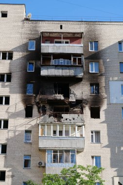 IRPIN, UKRAINE, JUNE 6, 2022: Russian terrorist army damaged dwelling houses and killed people in Irpin town, Kyiv Oblast on March 2022. After bombing.Terror and genocide of Ukrainian people