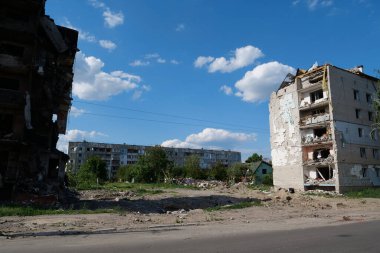 BORODYANKA, UKRAINE, JUNE 8, 2022: After bombing. Russian army of terrorist and marauders dropped bombs and destroyed houses, killed civilians on February 2022. Terror and genocide of Ukrainian people