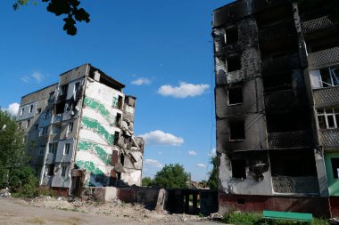 BORODYANKA, UKRAINE, JUNE 8, 2022: After bombing. Russian army of terrorist and marauders dropped bombs and destroyed houses, killed civilians on February 2022. Terror and genocide of Ukrainian people