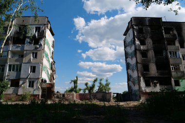 BORODYANKA, UKRAINE, JUNE 8, 2022: After bombing. Russian army of terrorist and marauders dropped bombs and destroyed houses, killed civilians on February 2022. Terror and genocide of Ukrainian people
