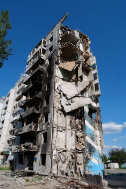 BORODYANKA, UKRAINE, JUNE 8, 2022: After bombing. Russian army of terrorist and marauders dropped bombs and destroyed houses, killed civilians on February 2022. Terror and genocide of Ukrainian people