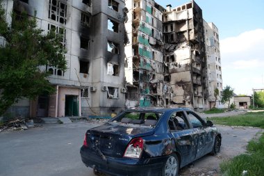 BORODYANKA, UKRAINE, JUNE 8, 2022: After bombing. Russian army of terrorist and marauders dropped bombs and destroyed houses, killed civilians on February 2022. Terror and genocide of Ukrainian people