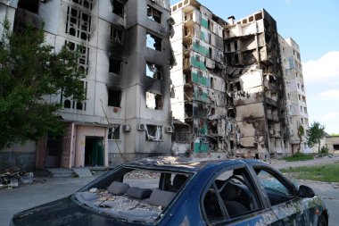 BORODYANKA, UKRAINE, JUNE 8, 2022: After bombing. Russian army of terrorist and marauders dropped bombs and destroyed houses, killed civilians on February 2022. Terror and genocide of Ukrainian people