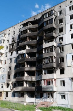 BORODYANKA, UKRAINE, JUNE 8, 2022: After bombing. Russian army of terrorist and marauders dropped bombs and destroyed houses, killed civilians on February 2022. Terror and genocide of Ukrainian people