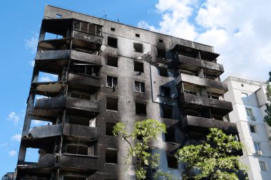 BORODYANKA, UKRAINE, JUNE 8, 2022: After bombing. Russian army of terrorist and marauders dropped bombs and destroyed houses, killed civilians on February 2022. Terror and genocide of Ukrainian people