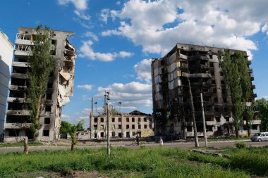 BORODYANKA, UKRAINE, JUNE 8, 2022: After bombing. Russian army of terrorist and marauders dropped bombs and destroyed houses, killed civilians on February 2022. Terror and genocide of Ukrainian people