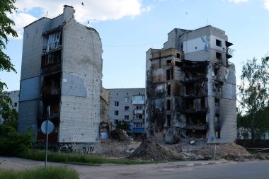 BORODYANKA, UKRAINE, JUNE 8, 2022: After bombing. Russian army of terrorist and marauders dropped bombs and destroyed houses, killed civilians on February 2022. Terror and genocide of Ukrainian people