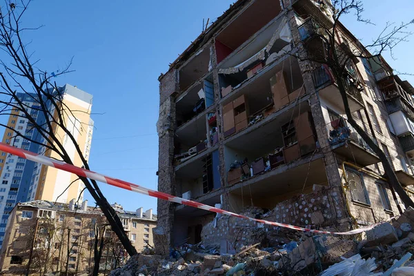KYIV, UKRAINE, MARCH 20, 2022: After bombing. Russian terrorist army dropped missile and destroyed house in residential district in Kyiv city on March 18, 2022. Terror and genocide of Ukrainian people