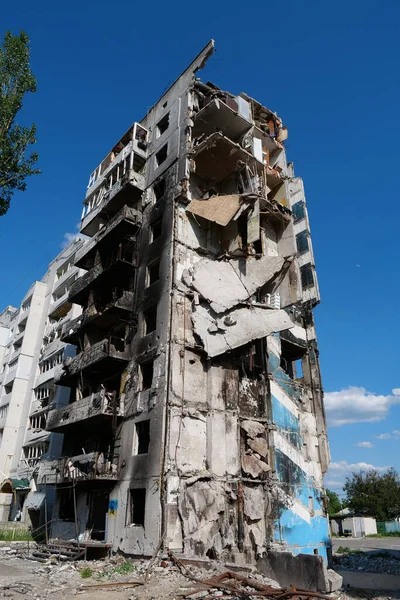 BORODYANKA, UKRAINE, JUNE 8, 2022: After bombing. Russian army of terrorist and marauders dropped bombs and destroyed houses, killed civilians on February 2022. Terror and genocide of Ukrainian people