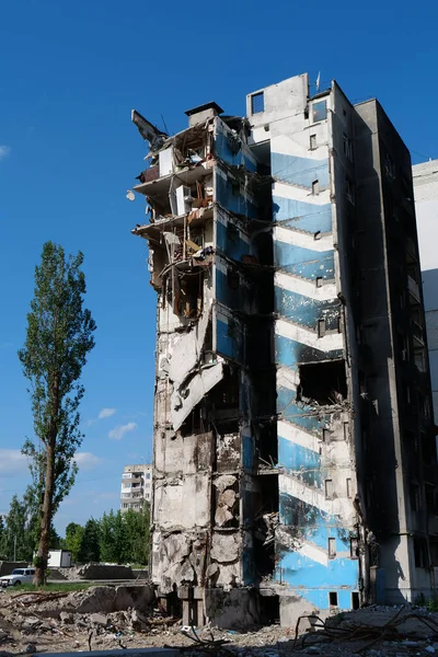 BORODYANKA, UKRAINE, JUNE 8, 2022: After bombing. Russian army of terrorist and marauders dropped bombs and destroyed houses, killed civilians on February 2022. Terror and genocide of Ukrainian people