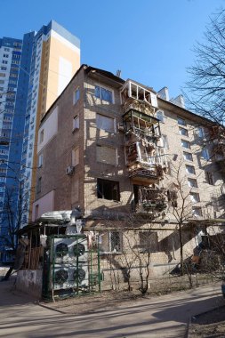 KYIV, UKRAINE, MARCH 20, 2022: After bombing. Russian terrorist army dropped missile and destroyed house in residential district in Kyiv city on March 18, 2022. Terror and genocide of Ukrainian people