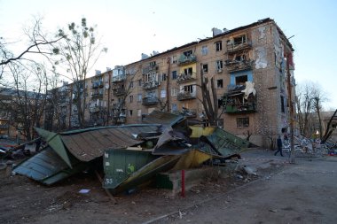 KYIV, UKRAINE, MARCH 20, 2022: After bombing. Russian terrorist army dropped missile and destroyed house in residential district in Kyiv city on March 18, 2022. Terror and genocide of Ukrainian people