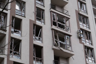 KYIV, UKRAINE, APRIL 29, 2022: After bombing. Dwelling house destroyed by russian missile in Kyiv city on end of April 2022. Russian aggression. War in Ukraine. Terror and genocide of Ukrainian people