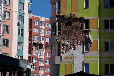 IRPIN, UKRAINE, JUNE 6, 2022: Russian terrorist army damaged dwelling houses and killed people in Irpin town, Kyiv Oblast on March 2022. After bombing.Terror and genocide of Ukrainian people