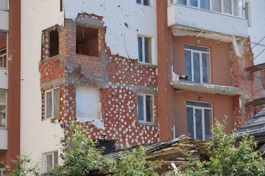 IRPIN, UKRAINE, JUNE 6, 2022: Russian terrorist army damaged dwelling houses and killed people in Irpin town, Kyiv Oblast on March 2022. After bombing.Terror and genocide of Ukrainian people