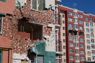 IRPIN, UKRAINE, JUNE 6, 2022: Russian terrorist army damaged dwelling houses and killed people in Irpin town, Kyiv Oblast on March 2022. After bombing.Terror and genocide of Ukrainian people