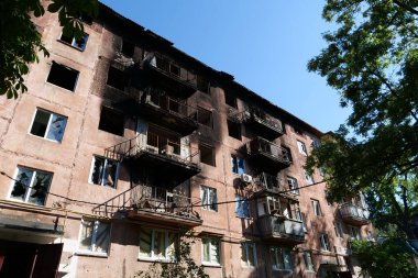 IRPIN, UKRAINE, JUNE 6, 2022: Russian terrorist army damaged dwelling houses and killed people in Irpin town, Kyiv Oblast on March 2022. After bombing.Terror and genocide of Ukrainian people