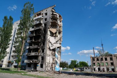 BORODYANKA, UKRAINE, JUNE 8, 2022: After bombing. Russian army of terrorist and marauders dropped bombs and destroyed houses, killed civilians on February 2022. Terror and genocide of Ukrainian people