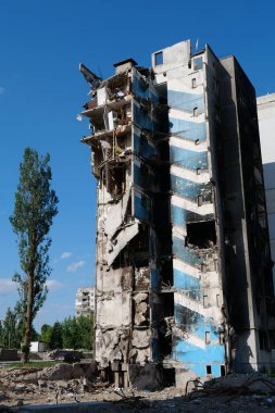 BORODYANKA, UKRAINE, JUNE 8, 2022: After bombing. Russian army of terrorist and marauders dropped bombs and destroyed houses, killed civilians on February 2022. Terror and genocide of Ukrainian people